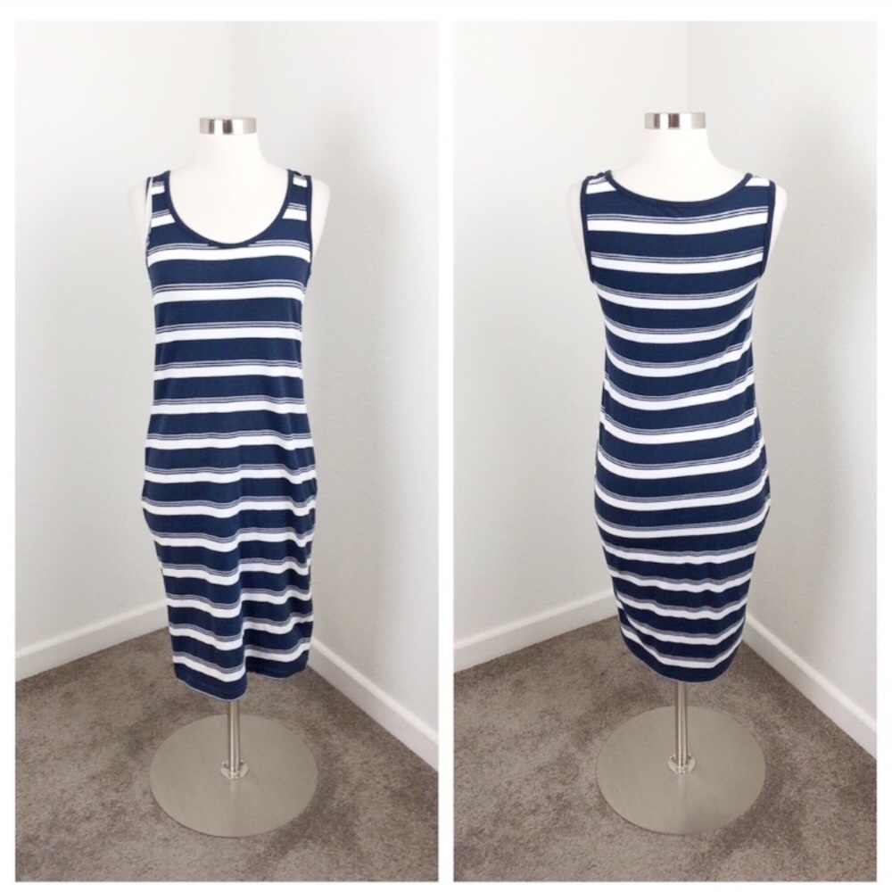 Navy and white striped midi dress